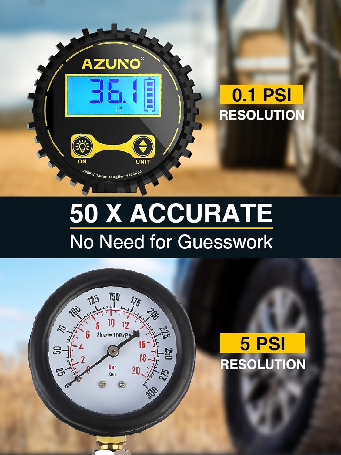 AZUNO Digital Tire Inflator with Pressure Gauge, 200 PSI, Heavy Duty Air Compressor Accessories, with Rubber Hose Lock on Air Chuck and Quick Connect Coupler, Comes with a Portable Carrying Box